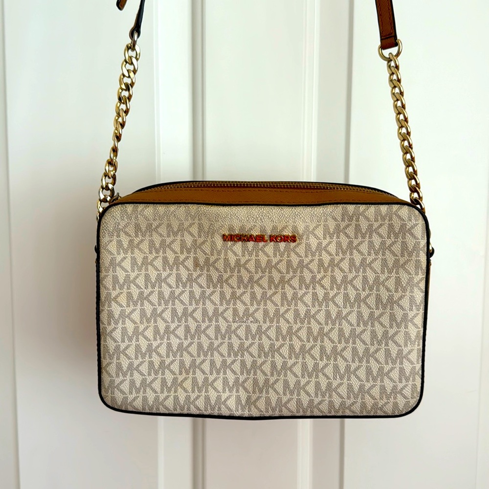 Michael Kors Bag White Tan Gold Hardware MK Monogram Shoulder Adjustable Strap